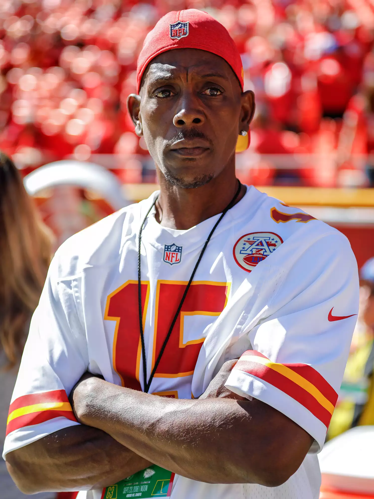 Pat Mahomes, father of Patrick Mahomes, quarterback for the Kansas City Chiefs, watched the team warmup prior to the game against the San Francisco 49ers at Arrowhead Stadium on September 23, 2018 in Kansas City, Missouri.