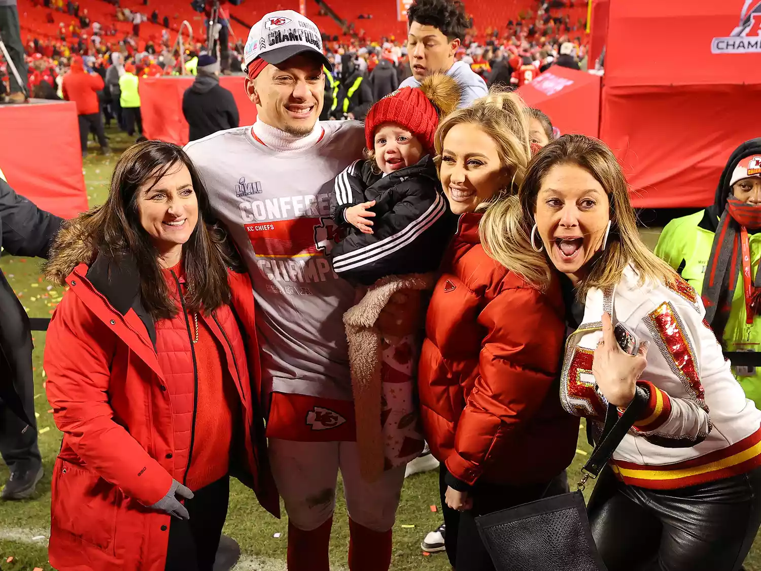 Patrick Mahomes #15 of the Kansas City Chiefs celebrates with family after defeating the Cincinnati Bengals 23-20 in the AFC Championship Game at GEHA Field at Arrowhead Stadium on January 29, 2023 in Kansas City, Missouri