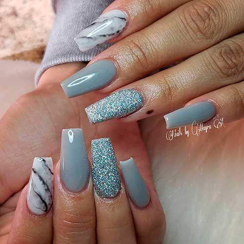 Beautiful gray coffin nails with glitter and marble nails!