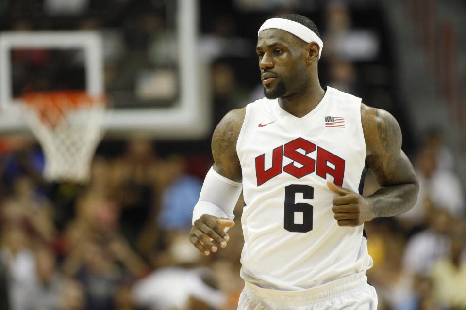 LeBron James of the U.S. 2012 Olympic men's basketball team looks on during an exhibition game against the Dominican Republic at the Thomas & Mack Center in Las Vegas, Nevada July 12, 2012. REUTERS/Steve Marcus (UNITED STATES - Tags: SPORT OLYMPICS BASKETBALL)