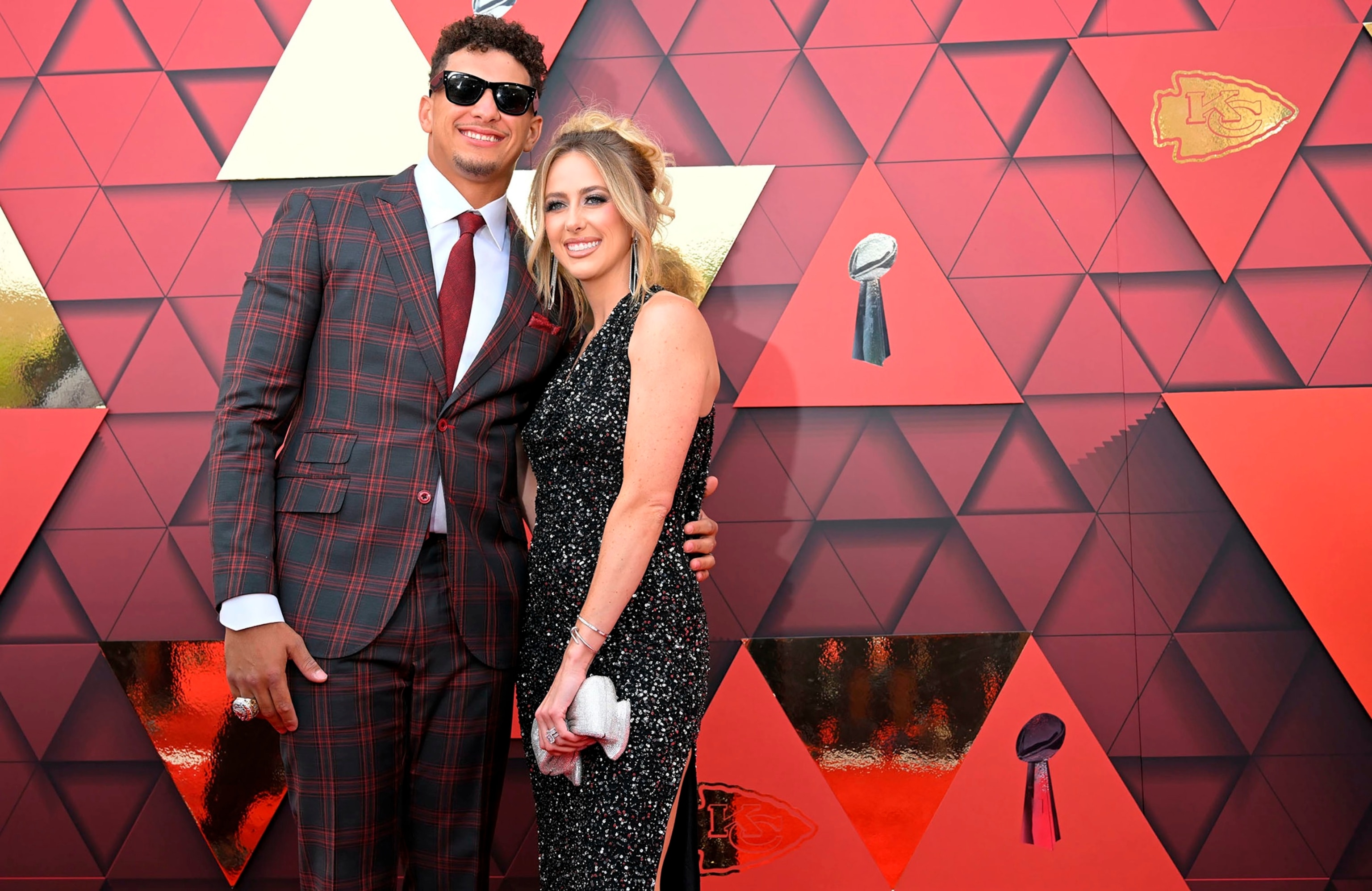 PHOTO: Kansas City Chiefs quarterback Patrick Mahomes and his wife, Brittany, on the red carpet at Union Station arriving for the Super Bowl LVII championship ring ceremony, June 15, 2023, in Kansas City, Mo.