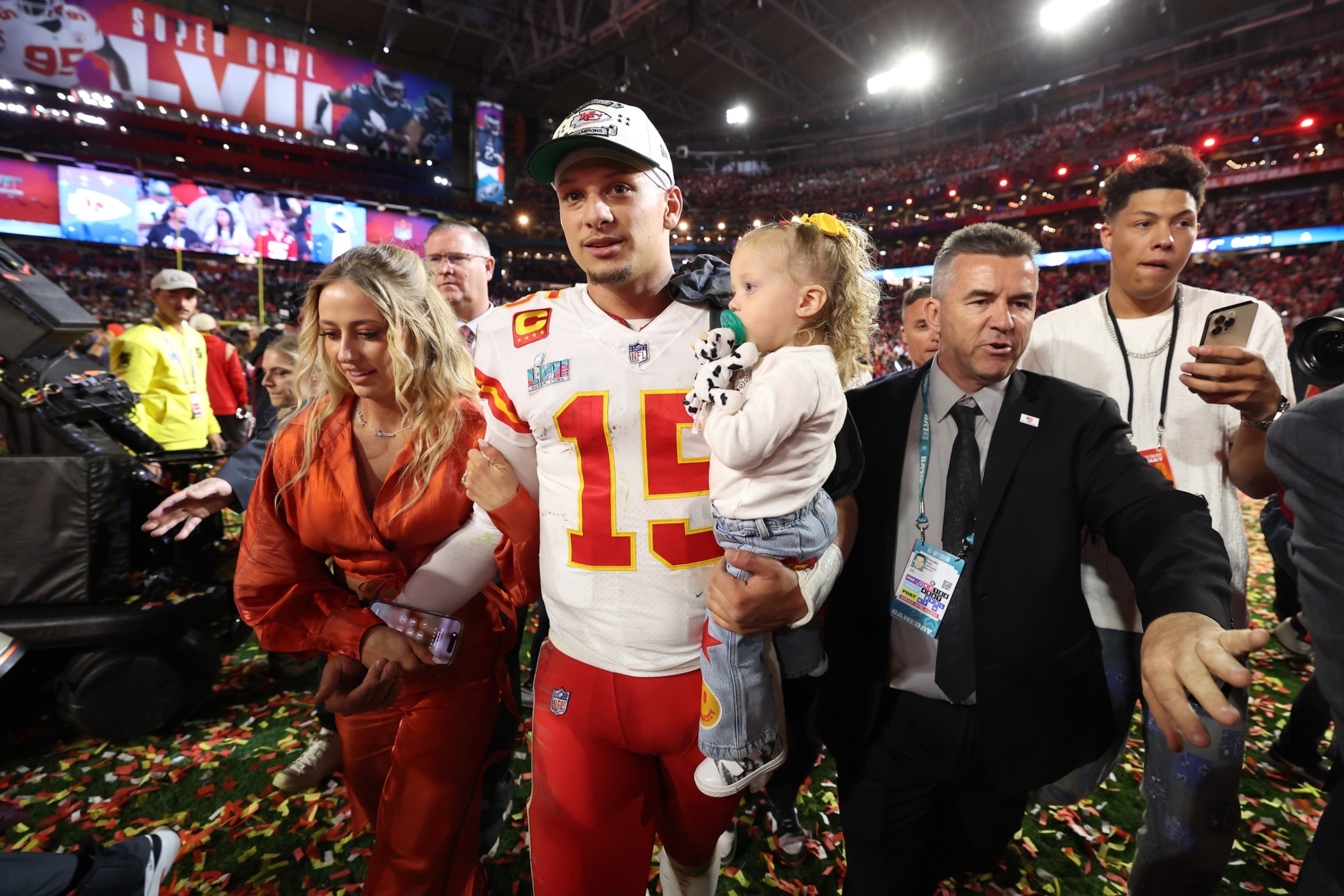 PHOTO: Patrick Mahomes #15 of the Kansas City Chiefs celebrates with his wife Brittany Mahomes and daughter Sterling Skye Mahomes after the Kansas City Chiefs beat the Philadelphia Eagles in Super Bowl LVII, Feb. 12, 2023, in Glendale, Ariz.