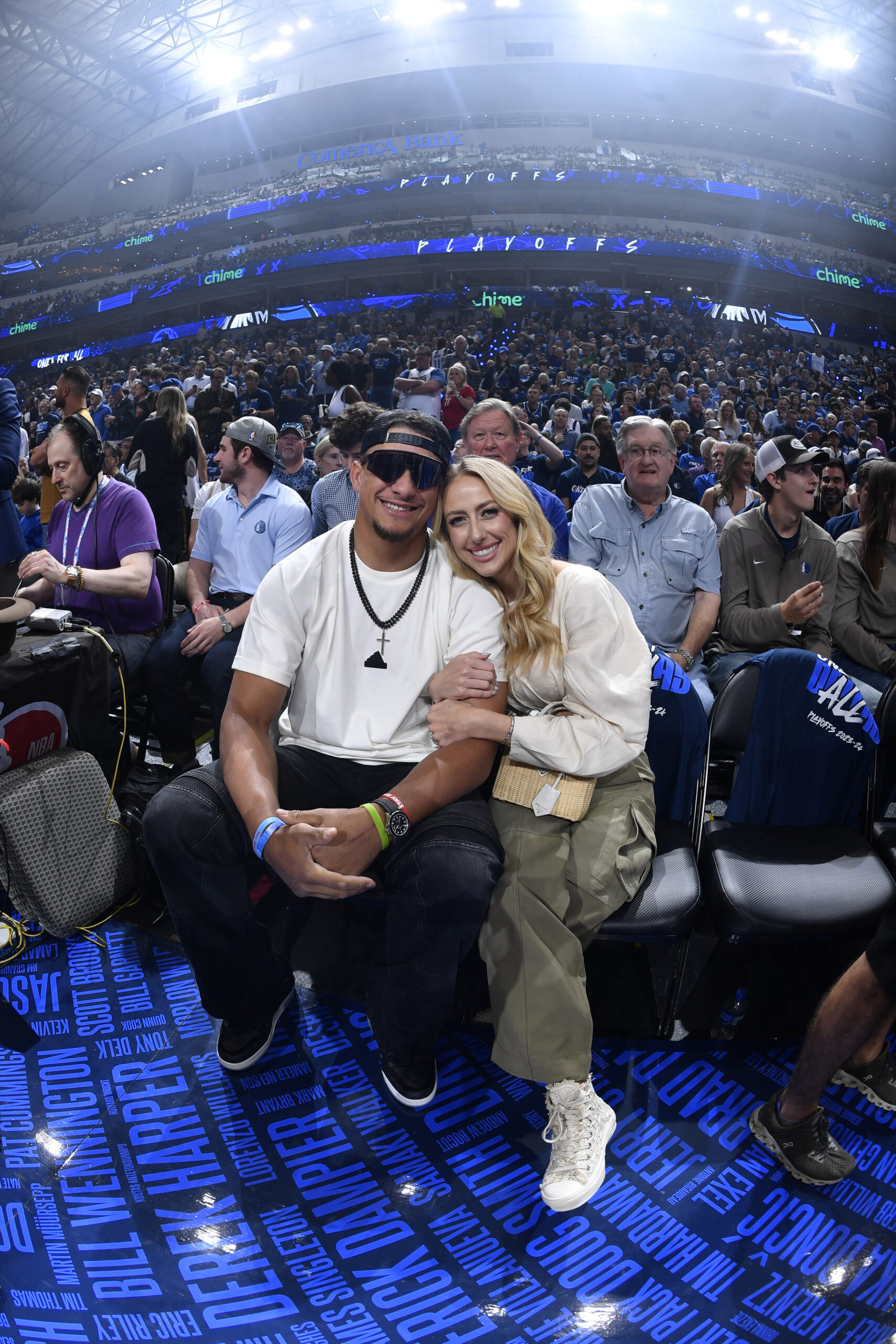 Kansas City Chiefs star quarterback Patrick Mahomes appeared courtside with his wife Brittany at the Dallas Mavericks Game 3 matchup with the Oklahoma City Thunder