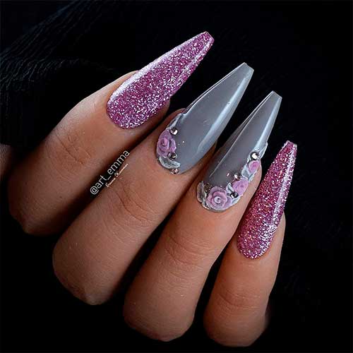 Cute gray coffin shaped nails with pink glitter nails design!